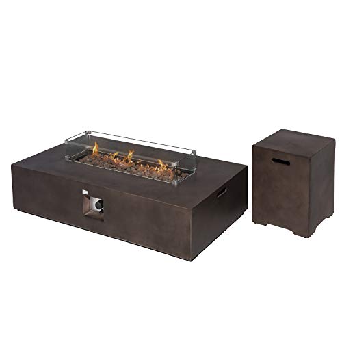 COSIEST 2Piece Outdoor Propane Fire Table Set Rectangle Concrete 56inch x 28inch Bronze Fire Pit (50000 BTU) w 20lb Tank Table Wind Guard Waterproof Cover for Garden Porch Backyard