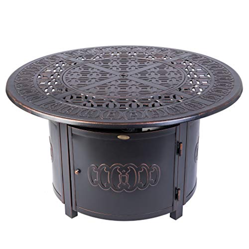 Fire Sense Dynasty Round Aluminum LPG Fire Pit Table  Antique Bronze Finish  50000 BTU Output  Uses 20 Pound Propane Tank  Fire Bowl Lid Vinyl Weather Cover and Clear Fire Glass Included