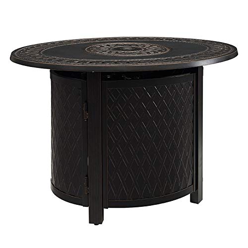 Fire Sense James Oval Aluminum LPG Fire Pit Table  Antique Bronze Finish  37000 BTU Output  Uses 20 Pound Propane Tank  Fire Bowl Lid Vinyl Weather Cover and Clear Fire Glass Included 