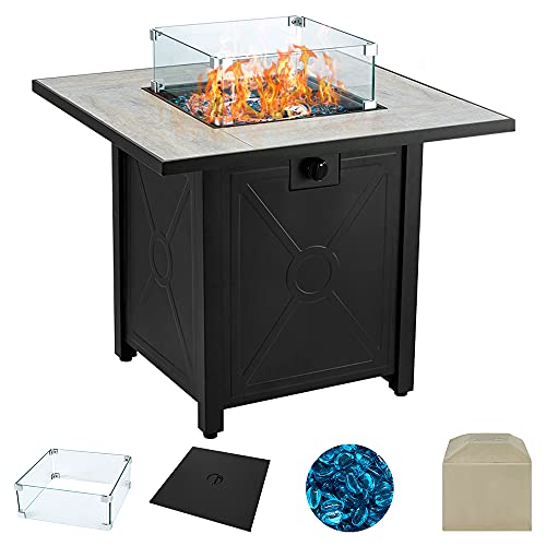 AVAWING Propane Fire Pit Table 30 inch 50000 BTU Square Gas Firepits wCeramic Tabletop with Waterproof Cover Glass Wind Guard Tempered Glass Beads Protective Cover