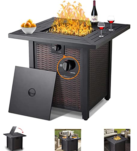 Propane Fire Pit Table28 Inch 50000 BTU Gas Fire Pit Table 2 in 1 Fireplace Table Outdoor Fire Tables for Outside Patio Backyard CSA Certification Square Gas Firepit Table with Lid and Lava Stone