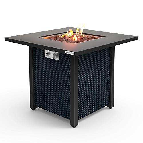 SereneLife Outdoor Pit CSA Approved Safe 40000 BTU Pulse Ignition Propane Gas Fire Table Tabletop RattanLook Steel Panel 66 Lbs Decorative Lave Rock Set SLFPS3