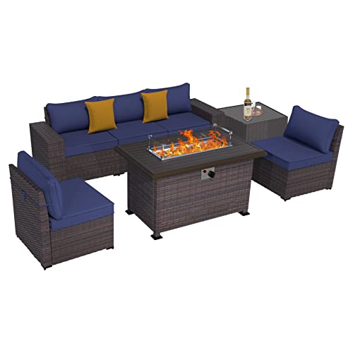ASJMR 7 Pieces Patio Furniture with Propane Fire Pit Table Outdoor Furniture Sectional Gas Fire Pits for Outside Patio Sofa PE Rattan wCoffee Table  Navy Blue