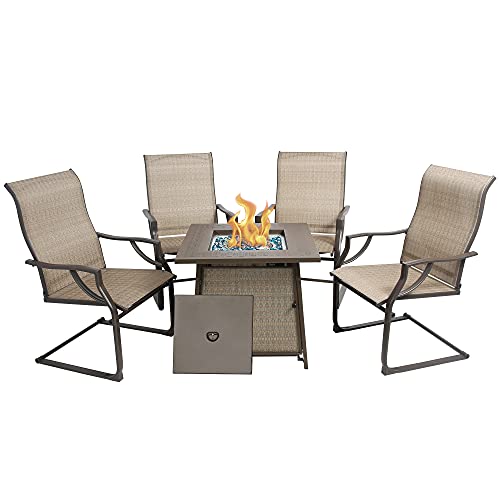 BALI OUTDOORS Propane Fire Pit Table Set 28 inch 50000 BTU Gas Fire Pit Table with 4 Textilene Spring Chairs Patio Furniture Conversation Dining Set