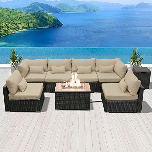DINELI Patio Furniture Sectional Sofa with Gas Fire Pit Table Outdoor Patio Furniture Sets Propane Fire Pit (Light BeigeRectangular firepit)