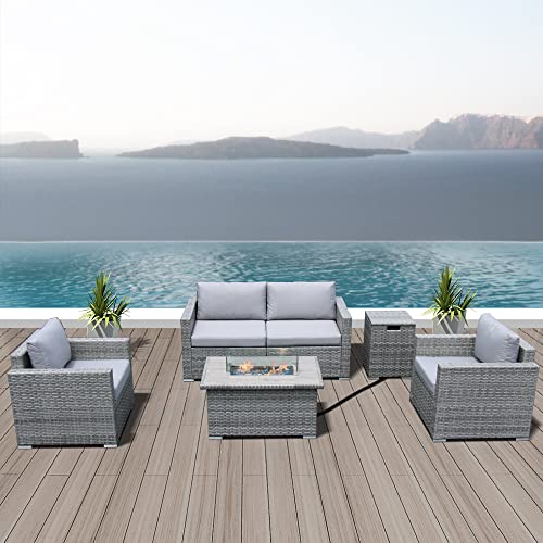 EVITA Outdoor Firepit Furniture Set with Propane Firepit Table Patio Furniture Set 6Piece Combination Sectional Sofa Set (Light Gray)