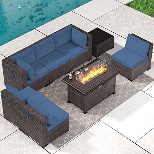 Gotland 8 Piece Outdoor Patio Furniture Set with Gas Fire Pit Table Patio Furniture Sectional Sofa w43in Propane Fire Pit 50000 BTU AutoIgnition Firepit wGlass Wind Guard (Dark Blue)