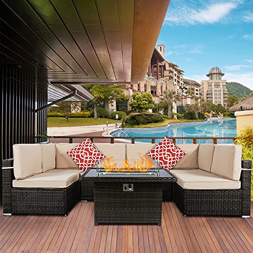 MEETWARM 7 Pieces Outdoor Patio Furniture Set with 44 Rectangular Propane Fire Pit Table PE Rattan Wicker Sofa Sets 50000 BTU AutoIgnition Gas Fire Pits with Glass Wind Guard CSA Certification