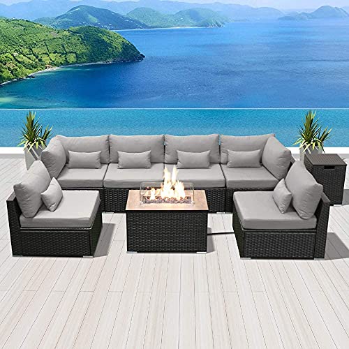 Modenzi Patio Furniture Outdoor Sectional with Propane Fire Pit Table Espresso Brown Wicker Resin Garden Conversation Sofa Set(Light Grey Rectangular)