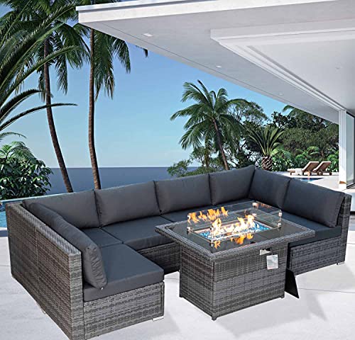 NICESOUL 1187L High Back Large Size PE Rattan Patio Furniture Sectional Sofa Sets with Cushions Outdoor Wicker Conversation Sets with Fire Pit Table CSA Approved