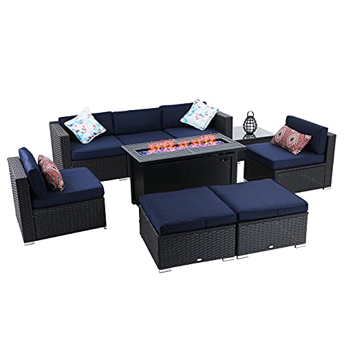 PHI VILLA 9 Piece Patio Furniture Sectional Sofa Set with Gas Fire Pit Table Wicker Rattan Outdoor Conversation Sets WCoffee Table CSA Approved Propane Fire Pit (Navy Blue Covers)