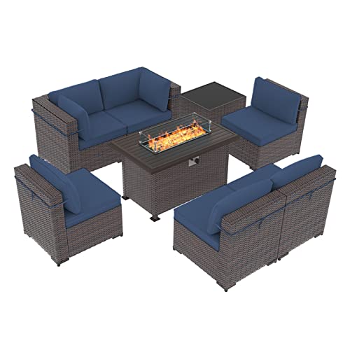 RTDTD Patio Furniture Sets with Fire Pit Table 8 Pieces Outdoor Furniture Sectional Sofa PE Rattan Conversation Sets with Propane Fire Pit ETL Approved Gas Firepit 50000 BTU(Navy Blue)