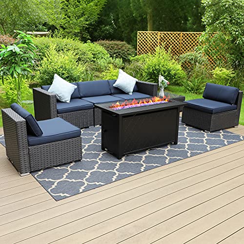 Sophia  William Patio Furniture Set with Gas Fire Pit Table 7 Piece Wicker Rattan Outdoor Sectional Sofa WCoffee Table Conversation Set  CSA Approved Propane Fire Pit(Navy BlueRectangular Table)