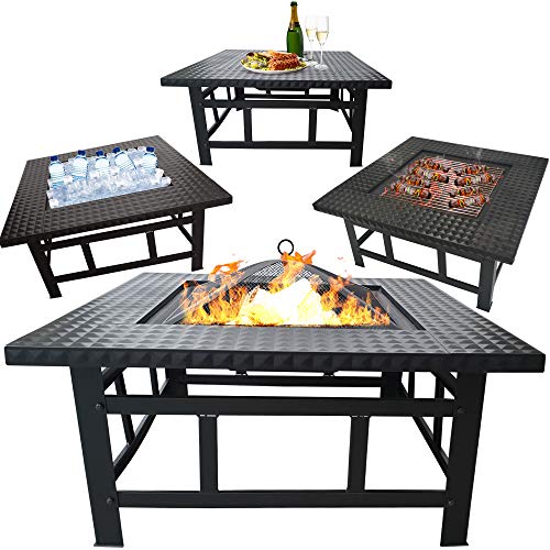 32 Fire Pit Table Outdoor Set  4 in 1 Square Bowl Wood Burning Fireplace  Patio Garden Backyard Firepit  Heater StoveBBQIce Pit  Poker Spark Screen Log Grate Grill Mesh Lid Dining Cover