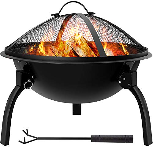 Amagabeli Fire Pit Outdoor Wood Burning Portable Folding 22in Firepit Firebowl Fireplace Poker Spark Screen Retardant Mesh Lid Deep Round Outside Backyard Camping Metal Grate Rustproof Black