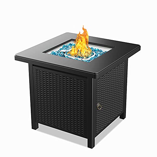 BALI OUTDOORS Gas Fire Pit Patio Furniture Table Propane Firepit 28Inch Steel Tabletop Fire Pit with Cover Lid Blue Glass Stone 50000BTU Black
