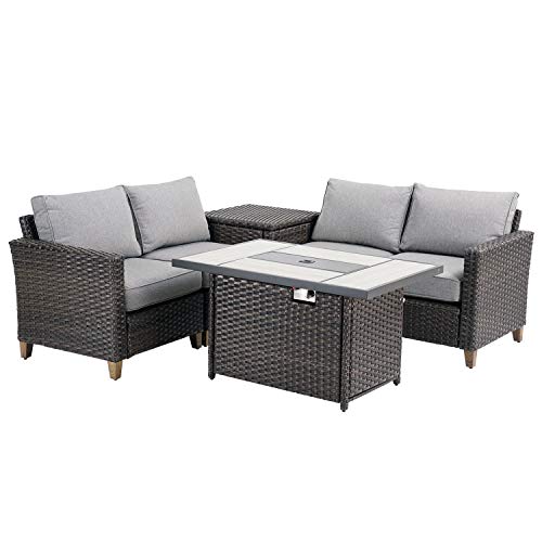 Grand patio Outdoor Conversation Set with Fire Pit 6 PCS Furniture Set Sectional Sofa Set Wicker Patio Sofa  Fire Pit Table Backyard  Garden Set Rattan Side Cabinet