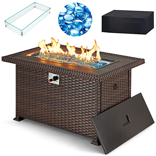 HOMREST Propane Fire Pit Table Gas Fire Pits for Outside 44 Inch 50000 BTU Smokeless Firepit for Outdoor Patio CSA Approved AutoIgnition Adjustable Flame with Lid Waterproof Cover Glass Beads