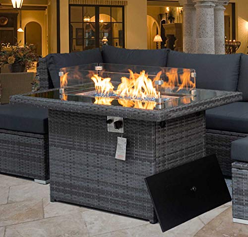 NICESOUL 43 Outdoor Patio Propane Fire Pit Table Gray PE Wicker 55000 BTU AutoIgnition Dural Heating Rectangle Firepits 8mm Glass Tabletop  Blue StoneCSA Certification (Wind GlassTable Cover)
