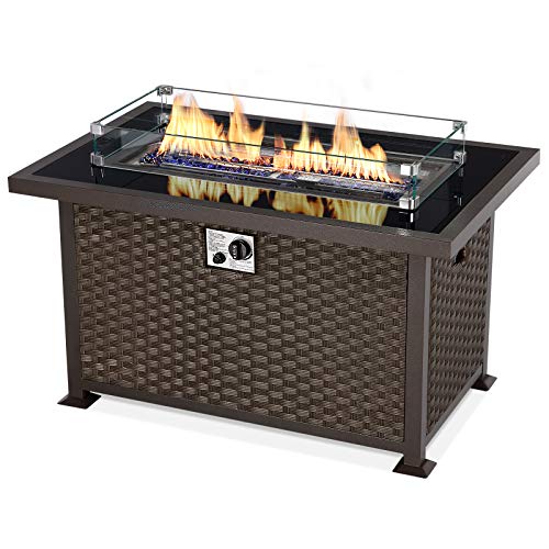 UMAX 44in Outdoor Propane Gas Fire Pit Table 50000 BTU AutoIgnition Gas Firepit with Glass Wind Guard Black Tempered Glass Tabletop  Blue Glass Rock Brown PE Rattan CSA Certification