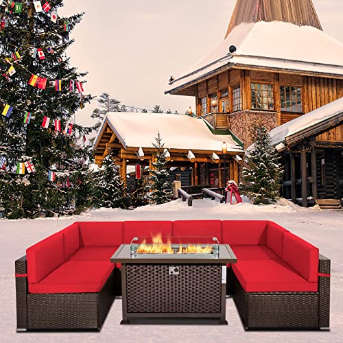 UMAX 7 Pieces Patio Furniture Sectional Sofa with Gas Fire Pit Table Wicker Outdoor Sofa Set 50000 BTU AutoIgnition Gas Firepit with Glass Wind Guard CSA Certification(Red)