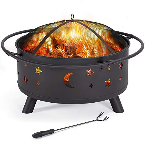 Yaheetech 30 Outdoor Fire Pit Metal Firepit Bonfire Wood Burning Heater Stove Backyard Patio Garden Firepit for Outside with Spark Screen and Fireplace Poker Stars and Moons Design Pattern