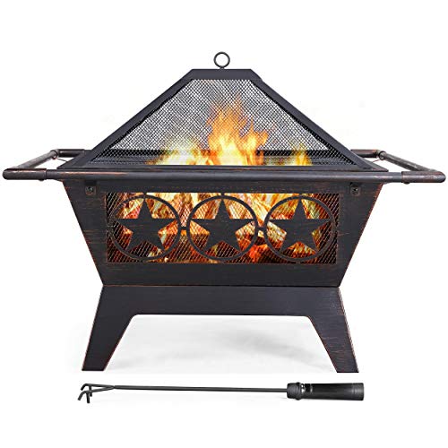Yaheetech Fire Pit 32 Iron Fire Pit Outdoor Patio BBQ Camping Bonfire Bronze Outdoor Fireplace Fire Bowl with Spark Screen Mesh Cover Grills Poker Square Fire Pit