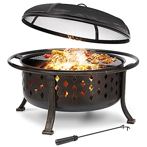 36 Inch Fire Pits for Outside Large Outdoor Wood Burning Crossweave firepit Heavy Duty Steel Bronze Bonfire Pit for Patio Backyard Garden with BBQ GrateSpark ScreenLog GratePoker