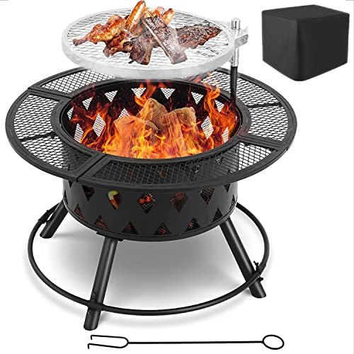 AthLike XL Fire Pit WCooking Grill 2in1 Outdoor Wood Burning Camp Bonfire Firepit Bowl Portable Patio Fireplace w 360° Swivel BBQ Grate Log Rack Poker Rainproof Cover (XL36)