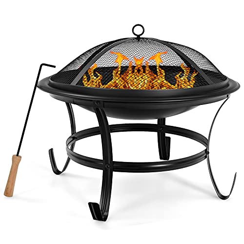Giantex 22 Outdoor Firebowl Portable Firepit Bowl with BBQ Grill Mesh Spark Screen Cover Poker and 2 Log Grates Grilling Grate and Wood Grate Wood Burning Fire Pit w Grilling Handle