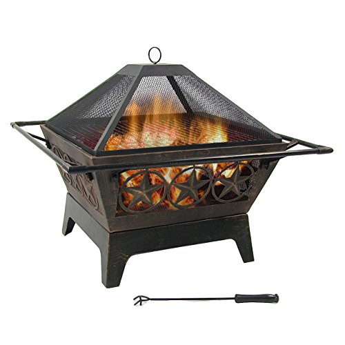 Sunnydaze Northern Galaxy HeavyDuty Fire Pit  32 Inch Steel Large Square Wood Burning Patio or Backyard Firepit  Weighs 30 Pounds  Cooking Grill Grate Spark Screen and Fireplace Poker Included