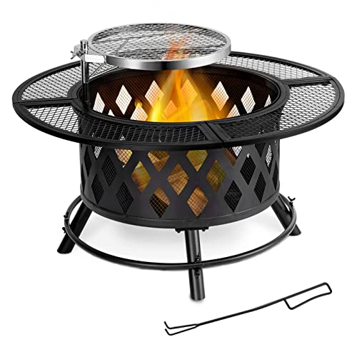 Sunolga 2 in 1 Fire Pit with Cooking Grate 32 Outdoor Fire Pit with Cross Weave Firepit with Poker fire pits for Outside for Large Bonfire Wood Burning Patio  Backyard