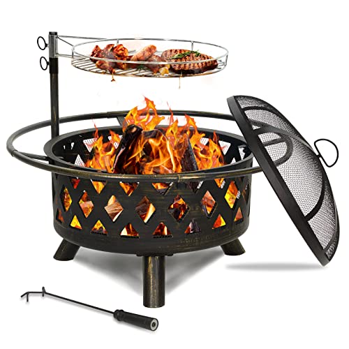UDPATIO Fire Pit for Outside 30 Inch Patio Bonfire Wood Burning Firepit Outdoor Vintage Heater BBQ Grill Portable Fire Bowl with Spark Screen Food Grate  Poker for Backyard Garden Picnic  Camping