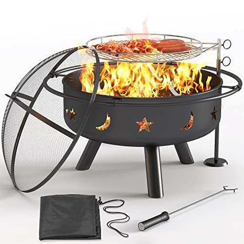 YOLENY 2in1 Fire Pit with Cooking Grate32 Outdoor Fire Pits Wood Burning Firepit Steel BBQ Grill Fire Bowl with Spark Screen Poker Round Fireplace Cover for Outside Backyard Garden Bonfire Patio