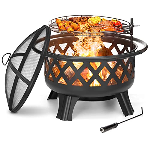 2 in 1 Fire Pit with Cooking Grate 30 Wood Burning Firepit Outdoor Fire Pits Steel Firepit Bowl Outside with Swivel BBQ Grill Spark Screen Poker for Backyard Garden Bonfire Patio