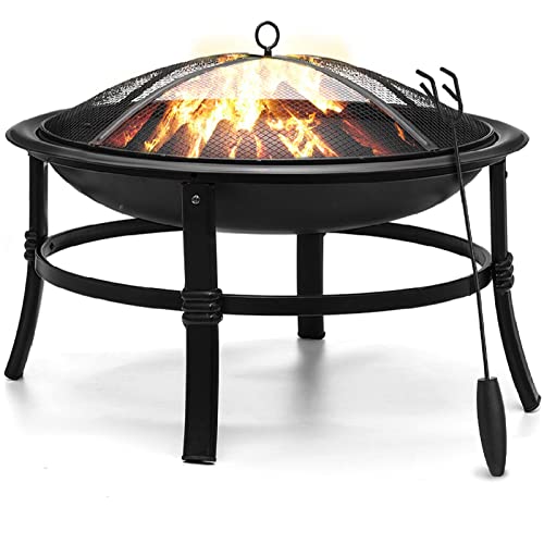 26 Fire Pit Wood Burning fire Pit Outdoor Fire Pits Steel BBQ Grill Firepit Bowl with Mesh Spark Screen Cover Log Grate Wood Fire Poker for Camping Picnic Garden Backyard Bonfire Patio Beaches