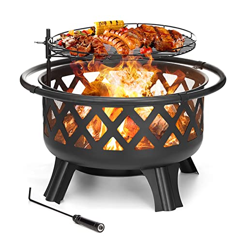 30 Inch Fire Pits for Outside with Grill Outdoor Wood Burning Firepit Large Steel Firepit Bowl for Patio Backyard Bonfire Deck Picnic Porch Garden with Swivel BBQ Grill Ash PlateSpark Screen Poker