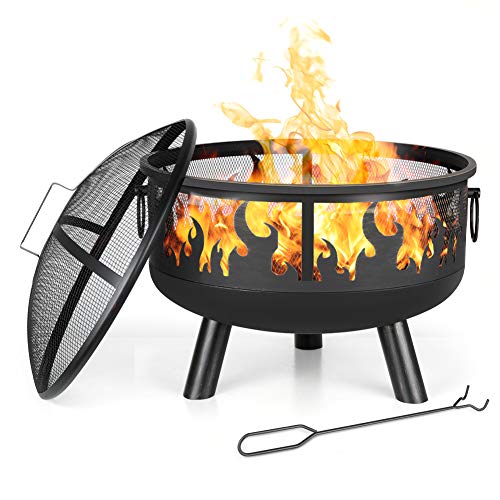 COOS BAY 24 Inch Outdoor Fire Pit Wood Burning Patio Backyard Fireplace Poker Round Steel Deep Bowl Firepit with Spark Screen Antique Bronze Effect