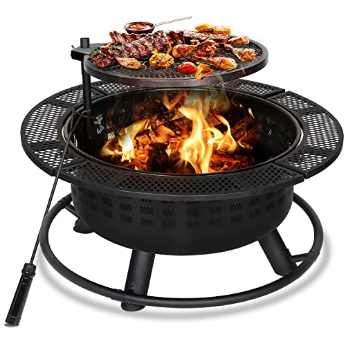 Hykolity 2 in 1 Fire Pit with Swivel Cooking Grill 32 Heavy Duty Wood Burning Fire Pit Outdoor Firepit with Spark Screen Cover Log Grate Fire Poker for Backyard Bonfire Patio