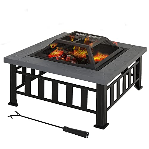 Outsunny 34 Outdoor Fire Pit Square Steel Wood Burning Firepit Bowl with Spark Screen Waterproof Cover Log Grate Poker for Backyard Camping BBQ Bonfire
