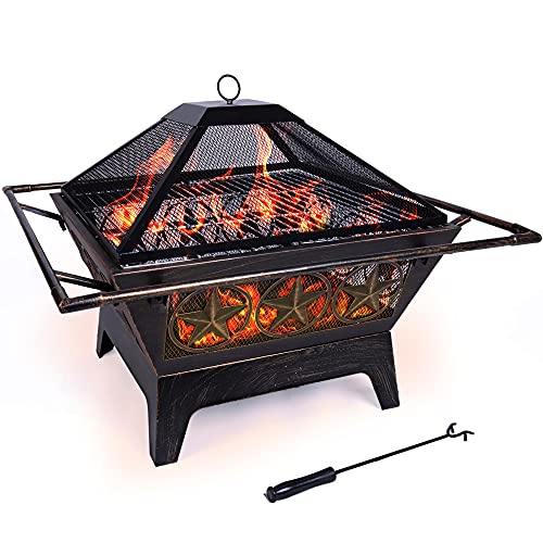 Project One Galaxy HeavyDuty Fire Pit  32 Inch Steel Large Square Wood Burning Patio or Backyard Firepit  Weighs 30 Pounds  Cooking Grill Grate Spark Screen and Fireplace Poker Included