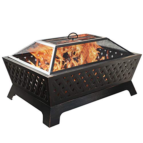 Sophia  William Outdoor Wood Burning Fire Pit Rectangle 339 Lx240 Wx126 H Heavy DutyLarge Patio Steel Bonfire BBQ Grill Firepit with Mesh Spark Lid and Fire Poker for Outside Backyark Bronze
