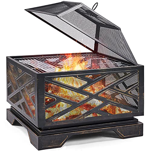 Yaheetech 26in Fire Pit Wood Burning Fire Pits Square Steel Outdoor Firepits Rectangular Deep Fire Bowl with Spark Screen Poker  Metal Grate for Outside Backyard  Garden