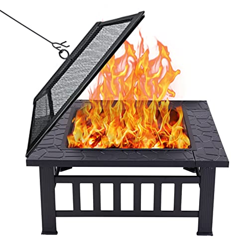 Grand Patio 32 inch Outdoor Fire PitWood Burning Metal Square Multifunctional Fire Pits for OutsideBonfire and Picnicwith Spark Screen Cover Safe Mesh Lid and Poker