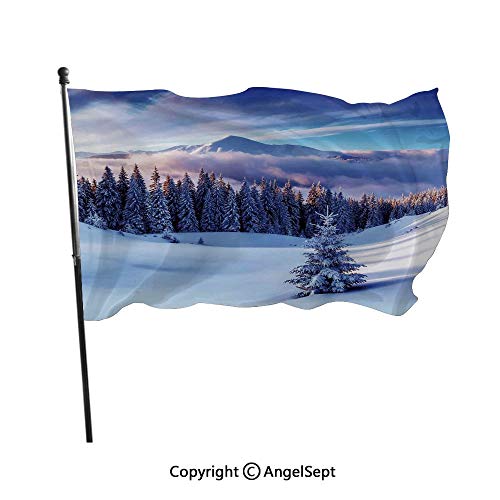 AngelSept Durable Longest Lasting Polyester FlagsSurreal Winter Scenery with High Mountain Peaks and Snowy Pine Trees Blue White3x5 ftOutdoor Flags UV Protected