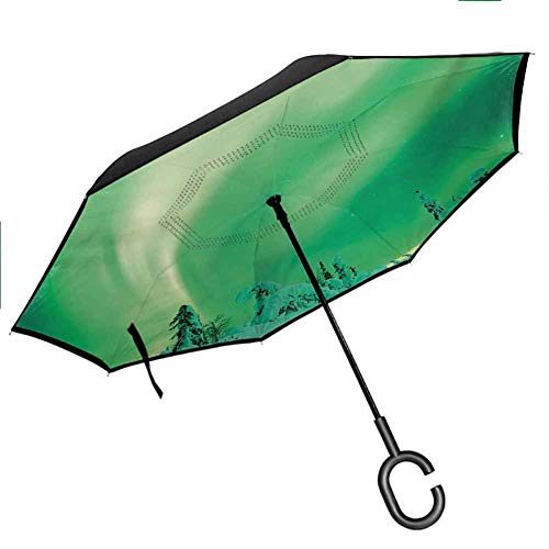 Aurora Borealis Reverse Folding Umbrella Poles Sky Display over Icy Snowy Pine Trees Wanderlust Iceland Panorama Double Layer Reverse Rain&Wind for UV Protection Rain Fern Green 425x315Inch