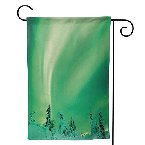 Garden Flags for Indoor Outdoor Autumn Halloween Day Decoration for All Seasons Holidays Northern Lights Poles Sky Display over Icy Snowy Pine Trees Wanderlust Iceland Panorama Fern Green