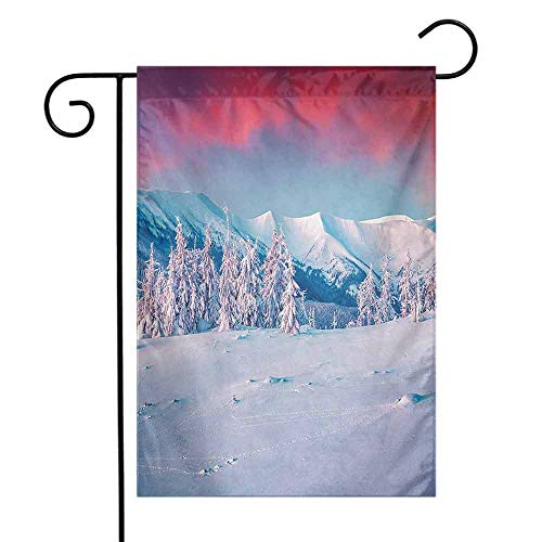Landscape Soft Garden Flag Sunset Dawn in Winter Snowy with Pine Trees Forest Mountain Wiev Double-Sided Printing Daily use Dark Coral White Sky Blue W12 x L18