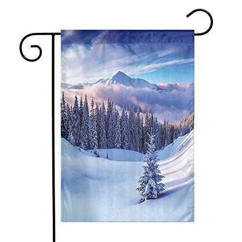 Winter Decorations Multi-Pattern Garden Flag Surreal Winter Scenery with High Mountain Peaks and Snowy Pine Trees Double-Sided Printing Quick Drying Blue White W12 x L18