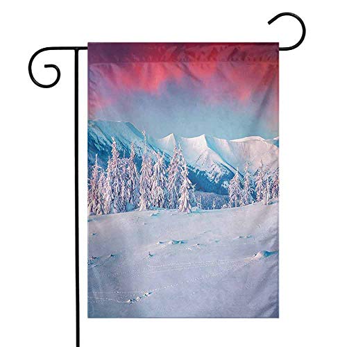 Zzmdear Exquisite Garden Flag Vertical Yard Outdoor Decorative Sunset Dawn in Winter Snowy with Pine Trees Forest Mountain Wiev Dark Coral White Sky Blue 12x18